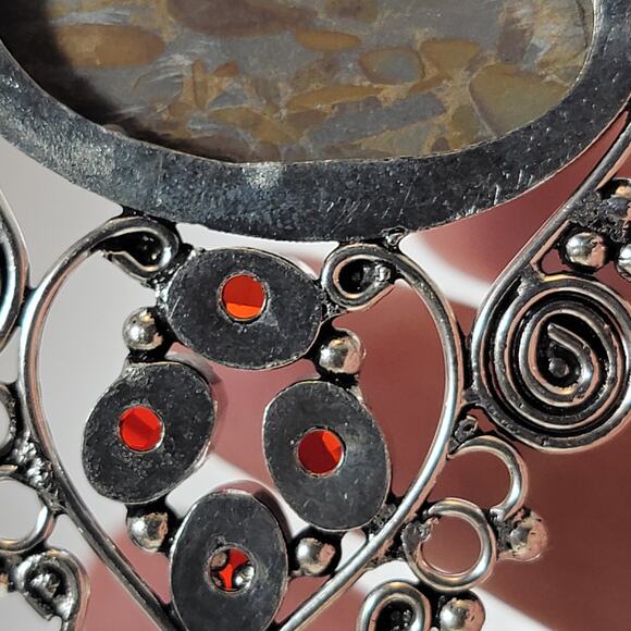 Handmade Silver Pendant With Fossil Coral Gemstone & Faceted Red Garnet Accent - Picture 7 of 10